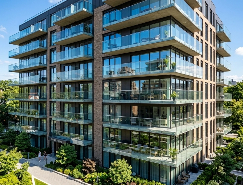 Balustrady szklane na balkonach w apartamentowcu