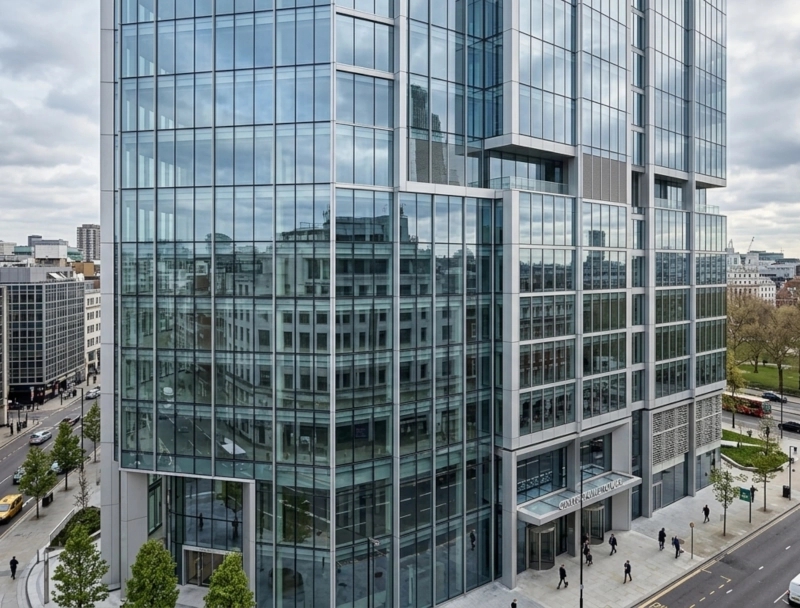 Okna w biurowcu z ciepłą ramką