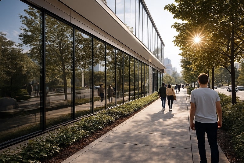 Elewacja budynku ze szkła niskoemisyjnego