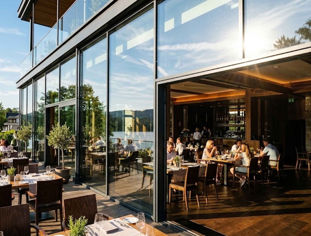 Duże przeszklenia restauracji i otwarty taras