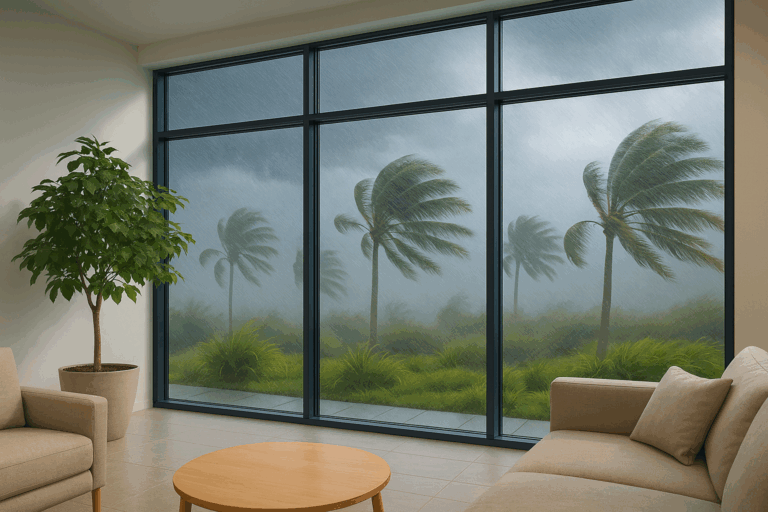 Huragan widoczny przez szyby przeciwhuraganowe